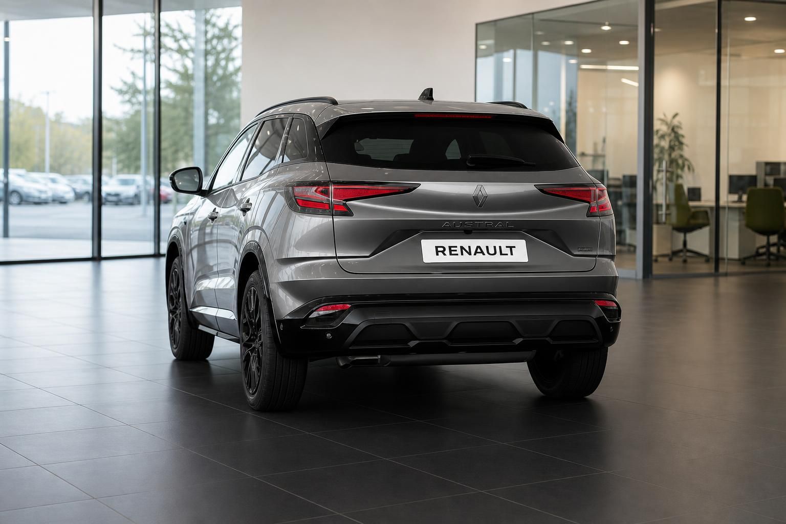 Renault Austral grau, Heckansicht mit Kennzeichenhalter im Showroom