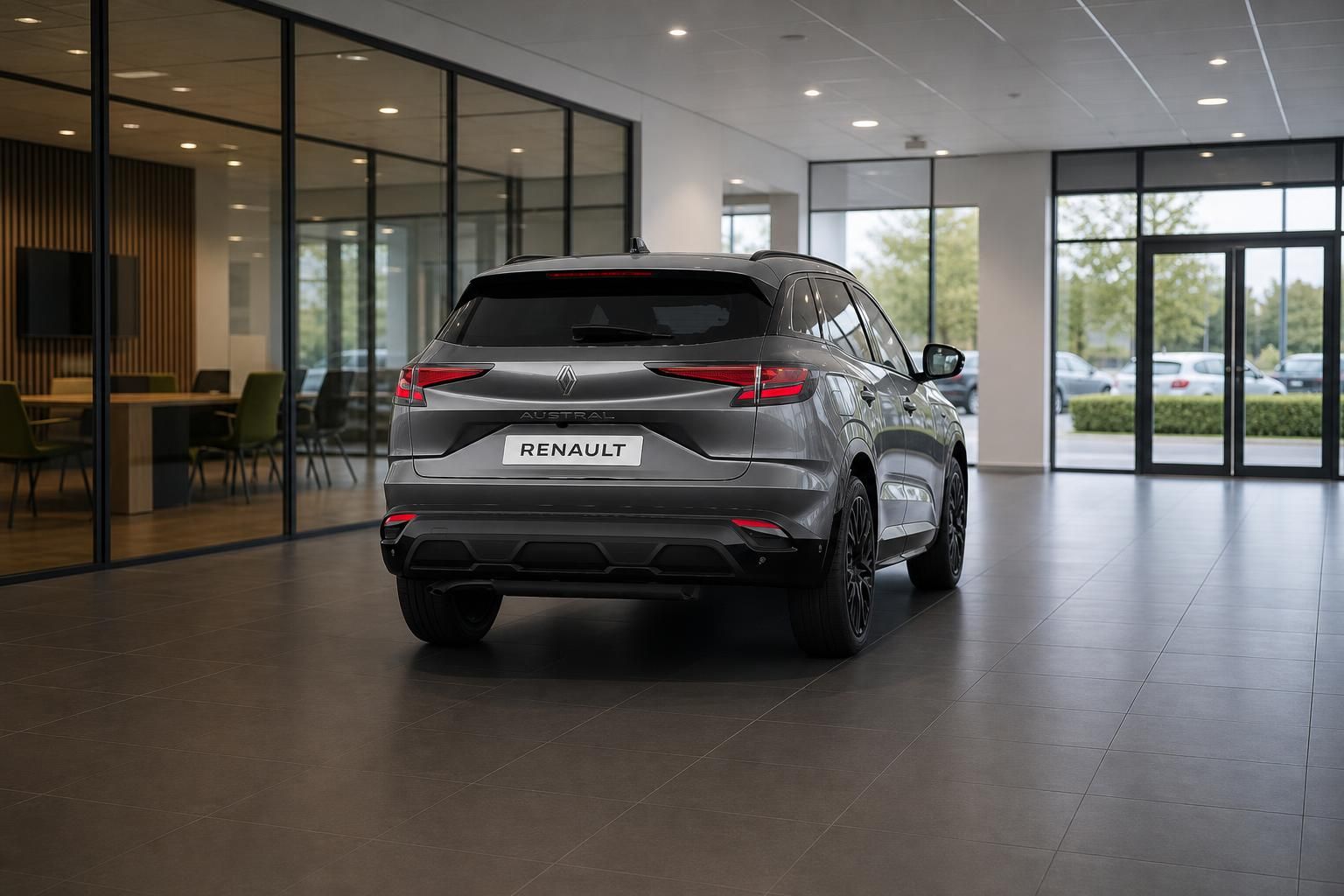 Renault Austral in Grau, Heckansicht im Autohaus Showroom