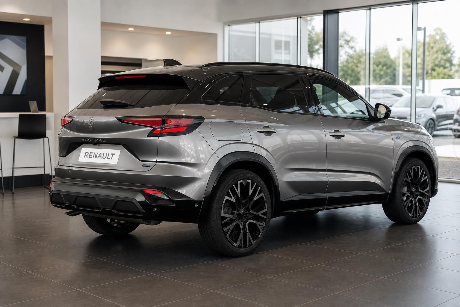 Renault Austral Heck-Seitenansicht, grauer SUV im Showroom