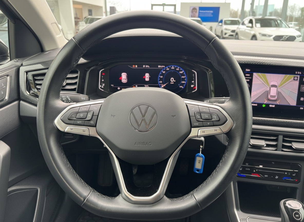 Volkswagen Innenraum Lenkrad mit VW-Logo, digitales Cockpit und Infotainment-Display