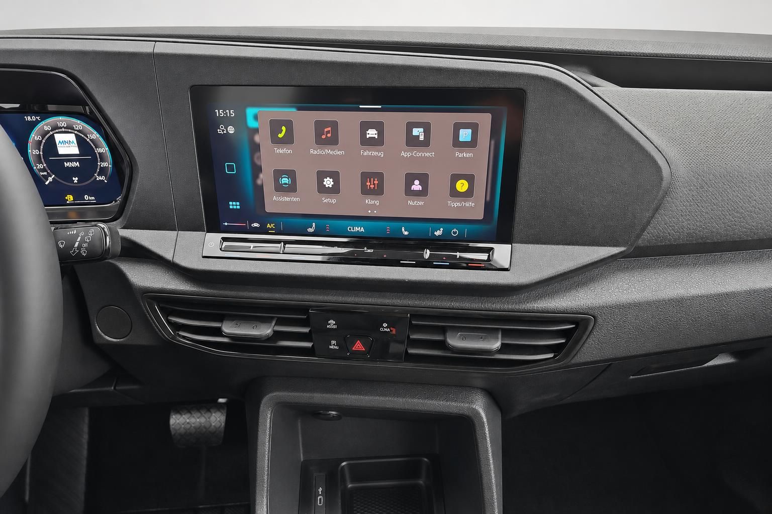Infotainment-Touchscreen im VW Cockpit mit Menüansicht