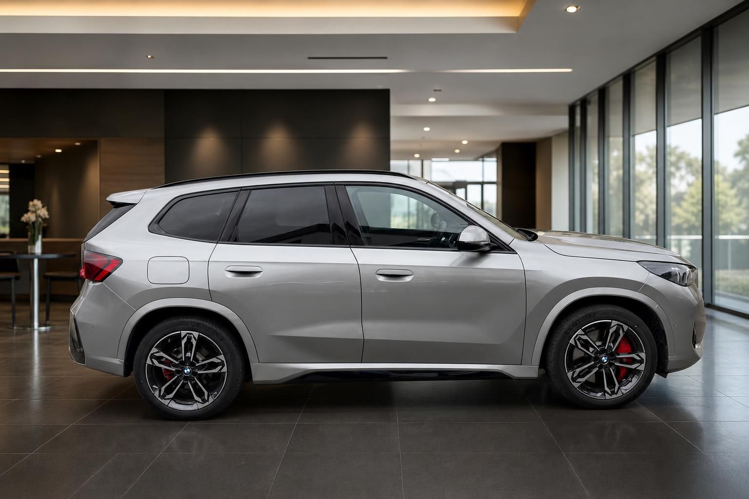 BMW SUV silber Seitenansicht mit schwarzen Felgen im Showroom