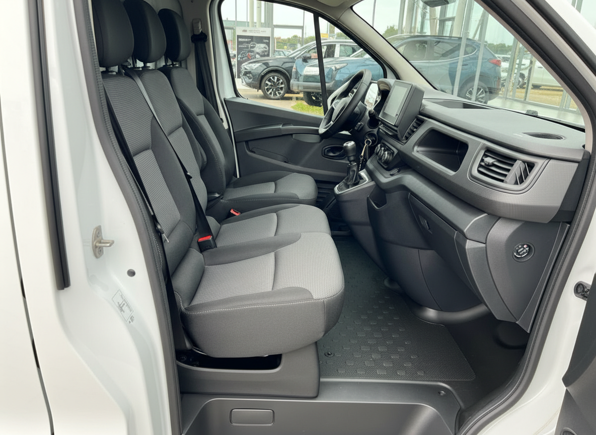 Innenraum eines Transporter-Van mit Dreisitzer-Vorderbank, Schaltgetriebe und Touchscreen-Navi