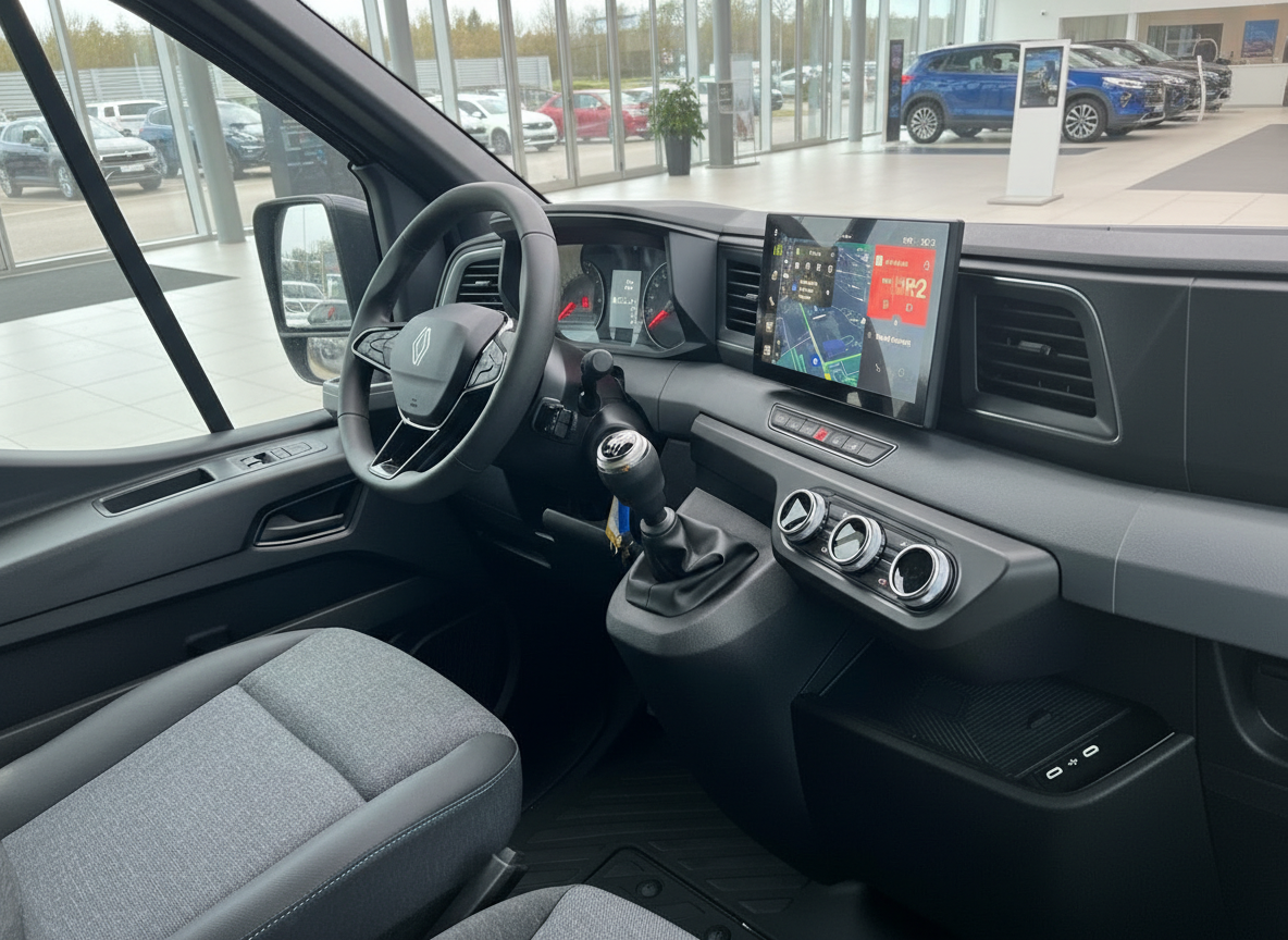 Renault Master Innenraum mit Lenkrad, Schaltgetriebe und großem Infotainment-Display im Autohaus