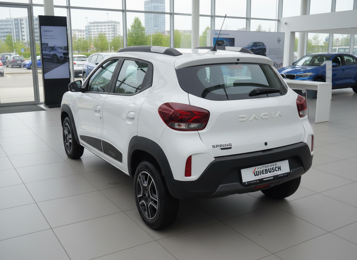 Dacia Spring Elektro-SUV in Weiß, Heckansicht im Autohaus Wiebusch Showroom