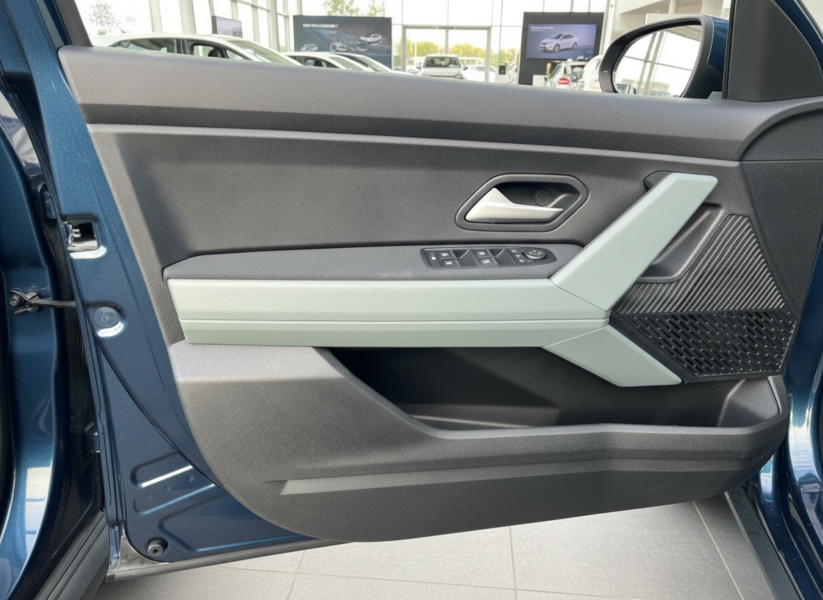 Fahrzeugtür Innenverkleidung mit mintgrünem Dekor und Fensterheberschaltern in blauem Auto