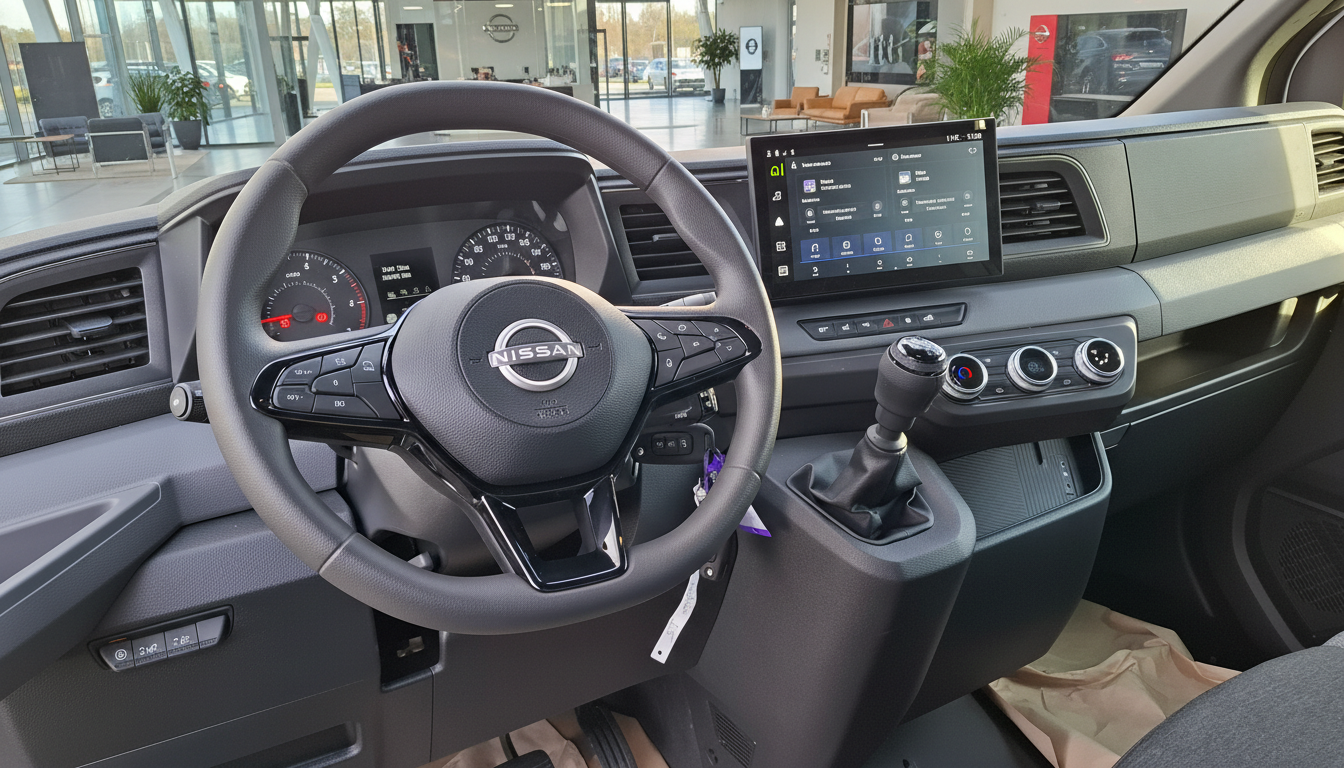 Nissan Nutzfahrzeug Innenraum mit Lenkrad, digitalem Kombiinstrument, Touchscreen-Infotainmentsystem, Schaltgetriebe und Klimaanlage im Autohaus