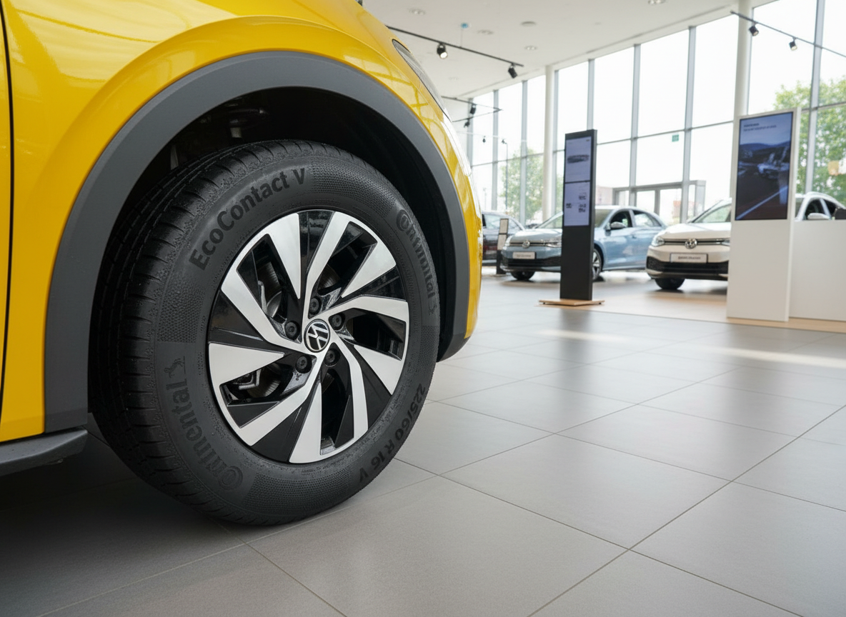 Gelber Volkswagen ID. mit Continental EcoContact V Reifen im VW-Autohaus Showroom