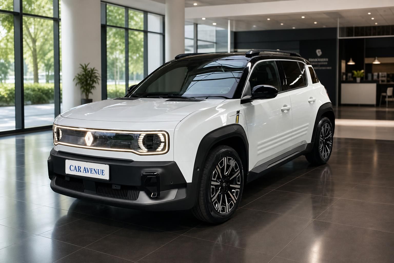 Weißer Renault SUV mit schwarzem Dach im modernen Autohaus-Showroom - Frontansicht