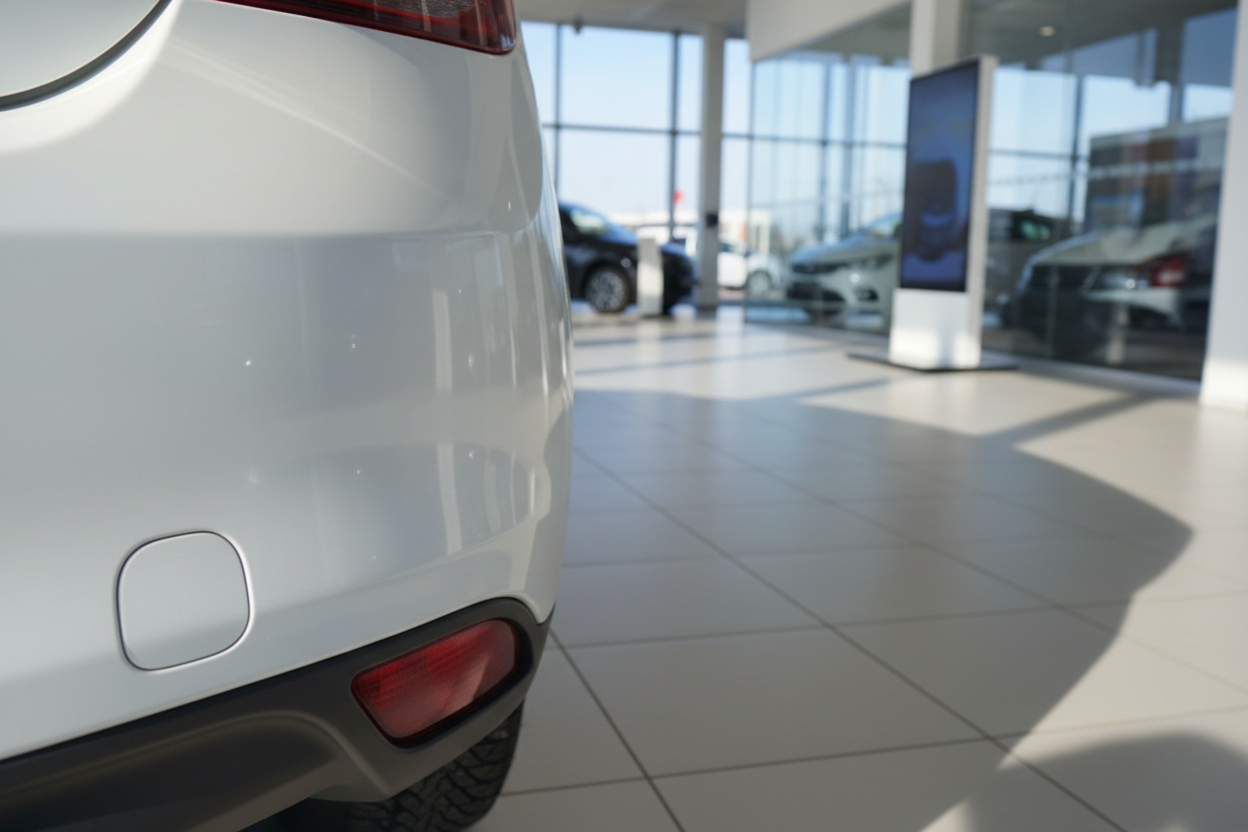 Weißes SUV Heck im Autohaus-Showroom mit weiteren Fahrzeugen im Hintergrund