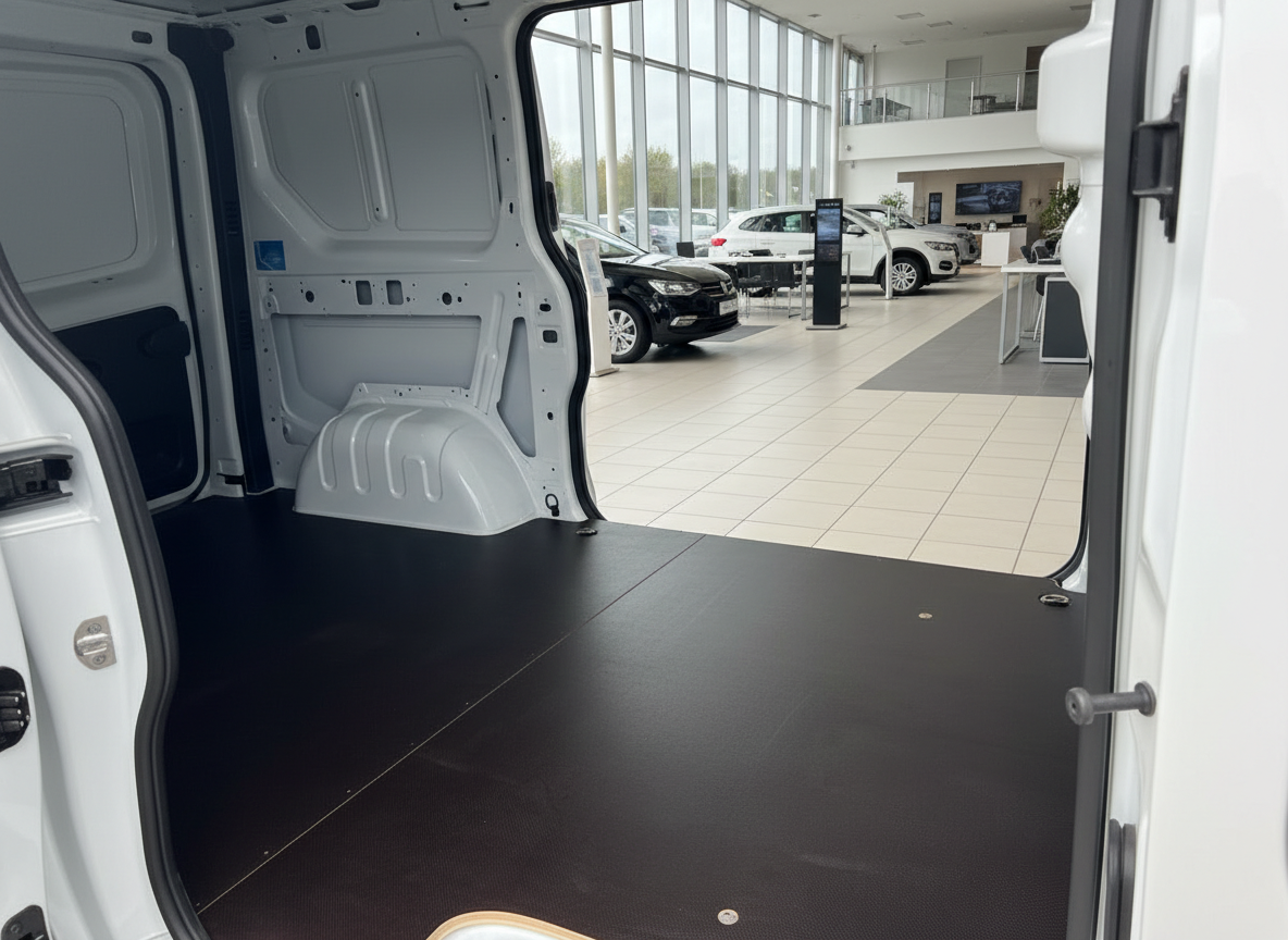 Weißer Transporter Laderaum mit schwarzem Gummiboden in Autohaus