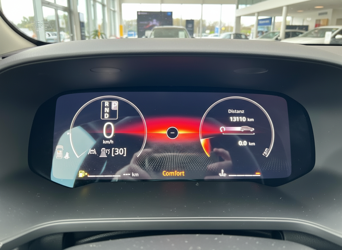 Digitales Cockpit-Display eines Fahrzeugs mit Tachometer, Distanzanzeige 13110 km und Comfort-Modus