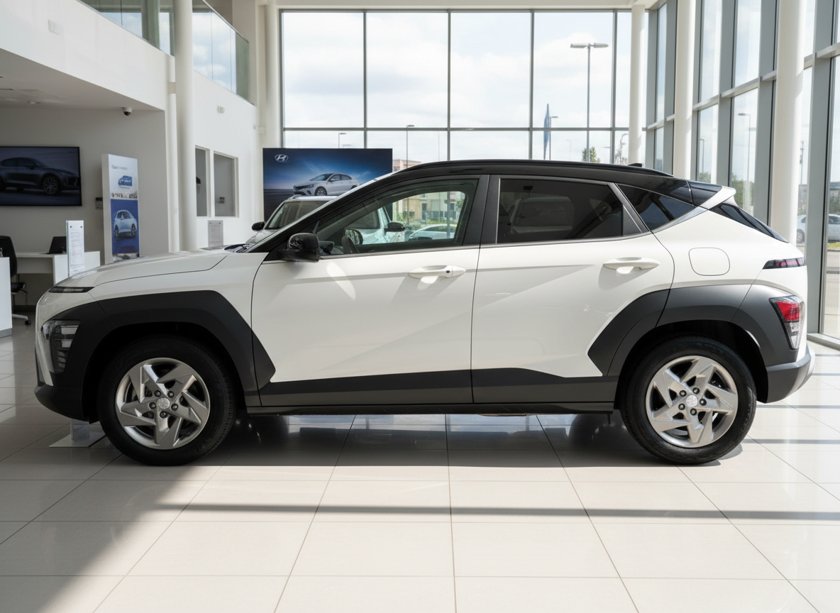 Hyundai Kona SUV in Weiß-Schwarz im Autohaus Showroom – Seitenansicht