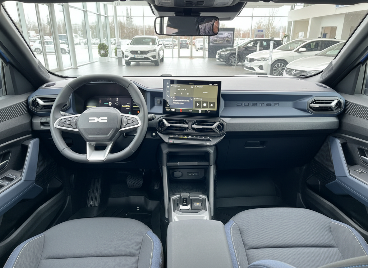 Dacia Duster Innenraum mit Cockpit, Lenkrad und Infotainment-Display im Autohaus