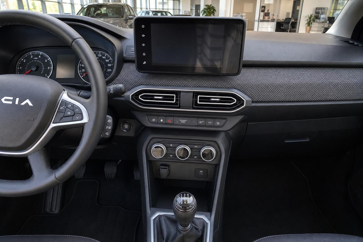 Dacia Armaturenbrett mit digitalem Display, manueller Klimaanlage und 6-Gang Schaltgetriebe