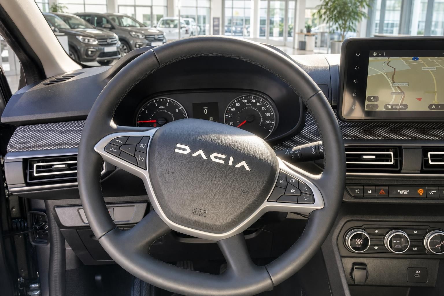 Dacia-Lenkrad mit Multifunktionstasten, Airbag und Instrumententafel im Fahrzeuginnenraum