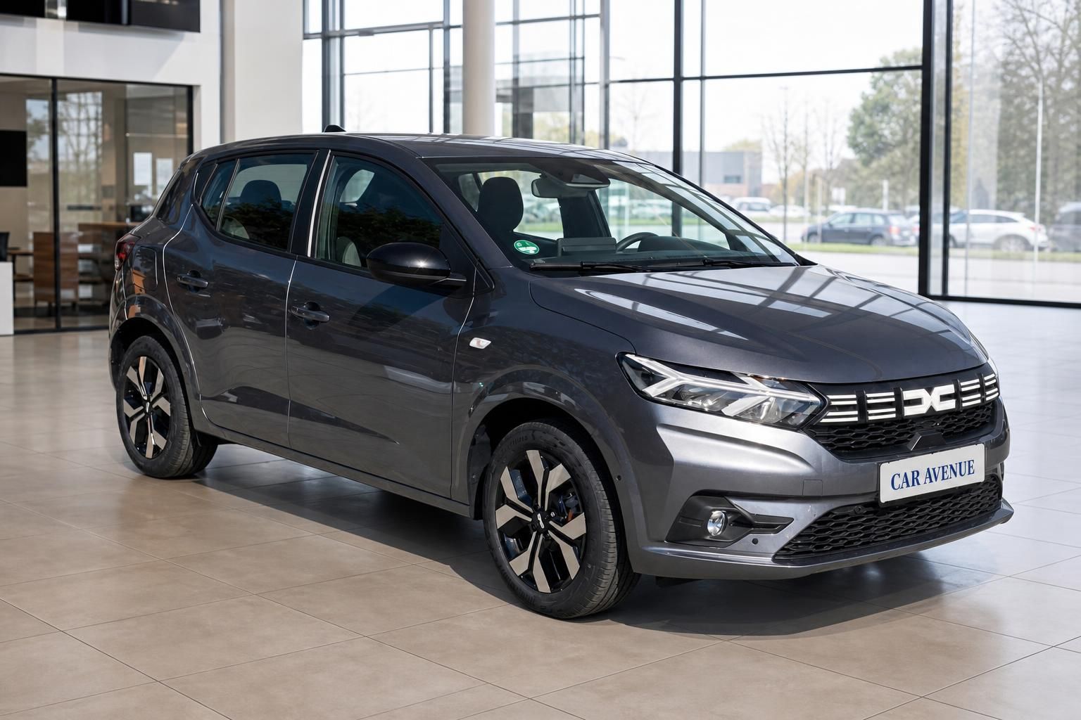 Dacia Sandero grau metallic Frontansicht schräg im modernen Autohaus mit CAR AVENUE Kennzeichen