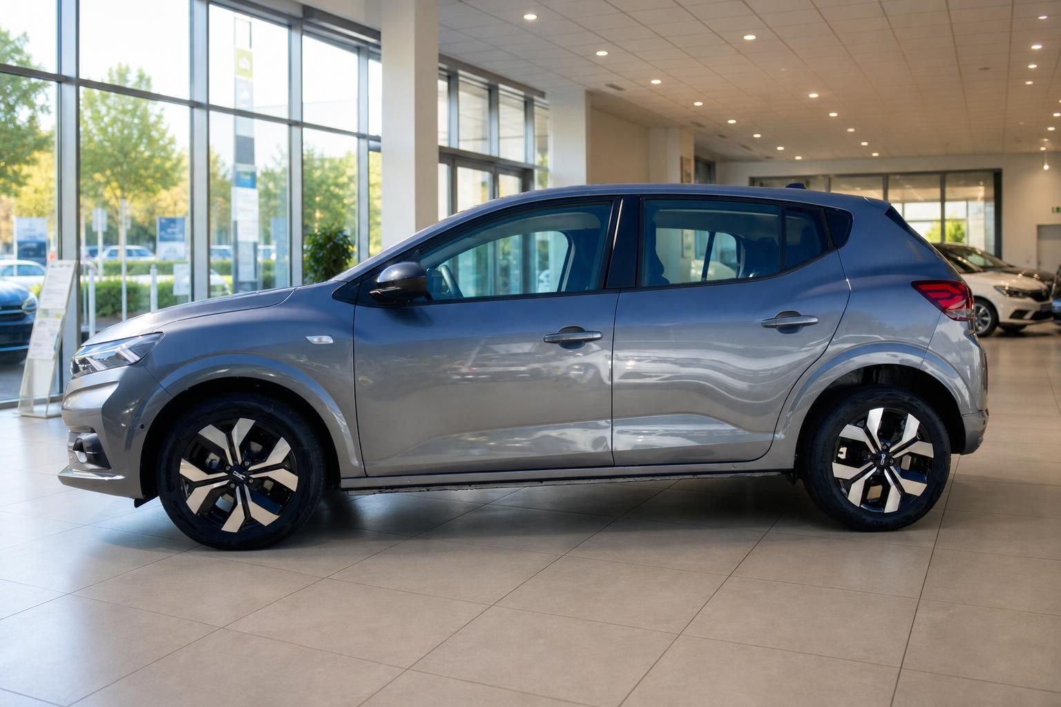 Dacia Sandero grau metallic Seitenansicht im Autohaus Showroom mit Panoramafenstern