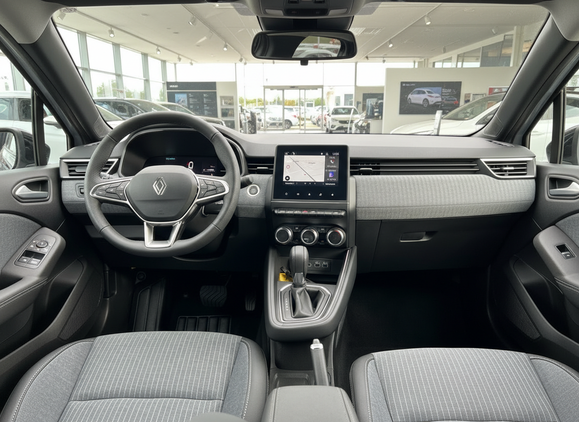 Renault Innenraum mit Lenkrad, Infotainment-Display und grauem Stoffinterieur