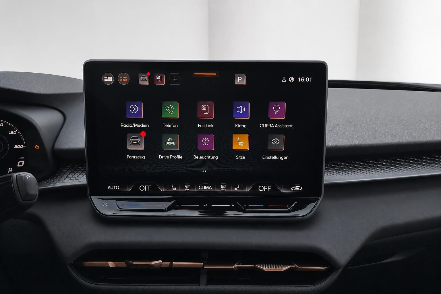 Cupra Infotainment-Bildschirm mit Menue fuer Klima, Sitze und Fahrzeugeinstellungen
