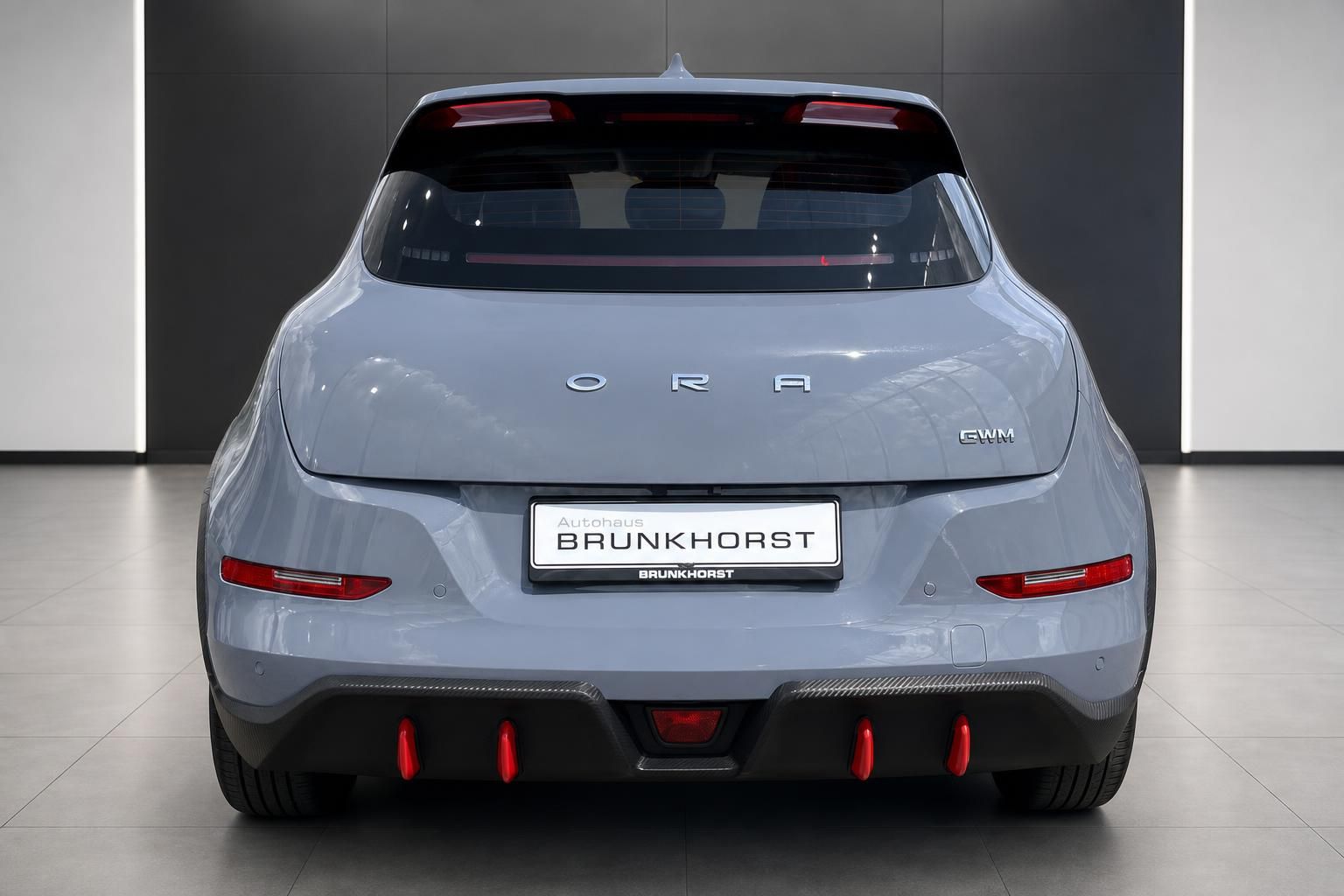 ORA GWM Elektroauto grau Heckansicht mit Kennzeichenhalter