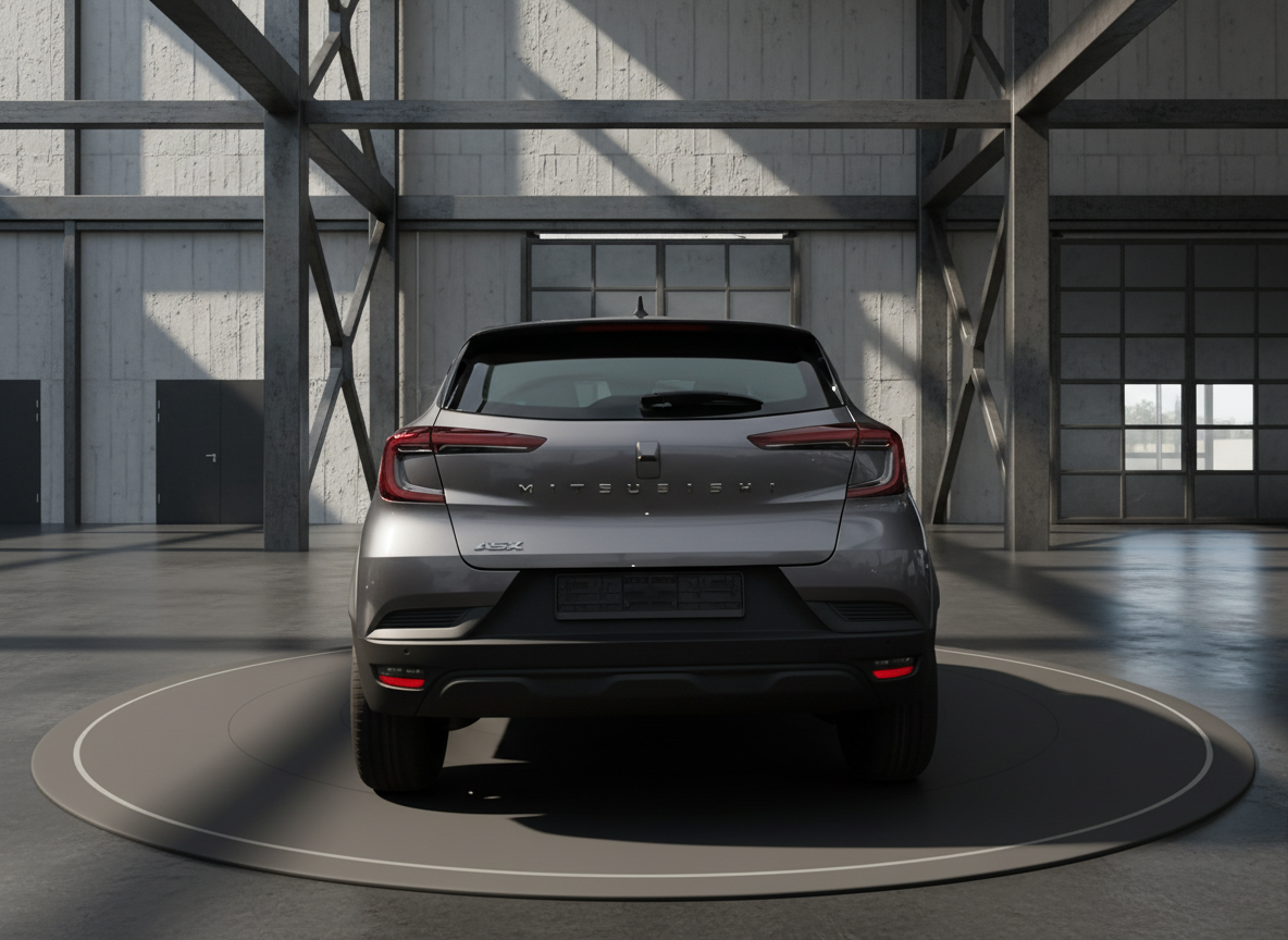 Mitsubishi ASX Heckansicht in Grau auf einer Straße in der Innenstadt mit Hochhäusern im Hintergrund bei Sonnenuntergang