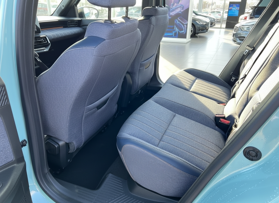 Rücksitzbank mit blauem Stoffbezug im Innenraum eines hellblauen SUV im Autohaus