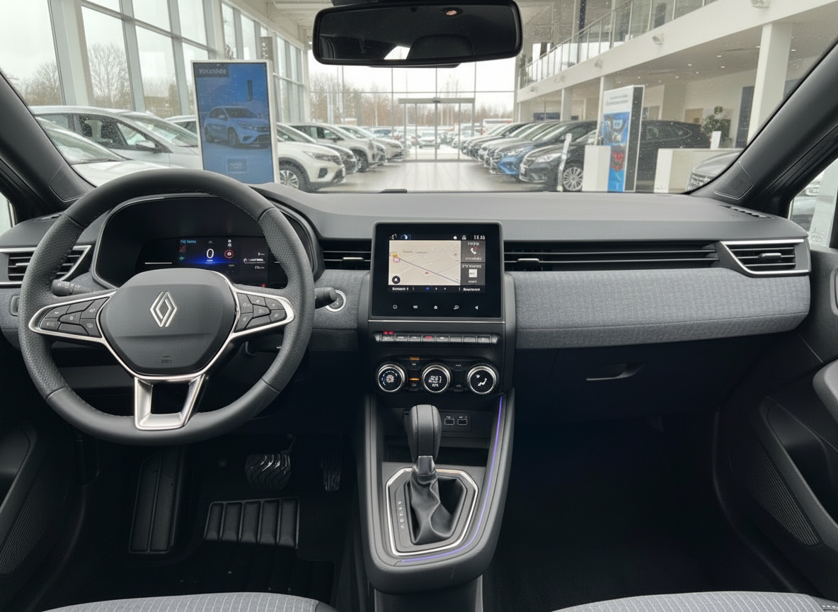 Renault Clio Innenraum mit Lenkrad, Touchscreen-Navigation und automatischem Getriebe im Autohaus