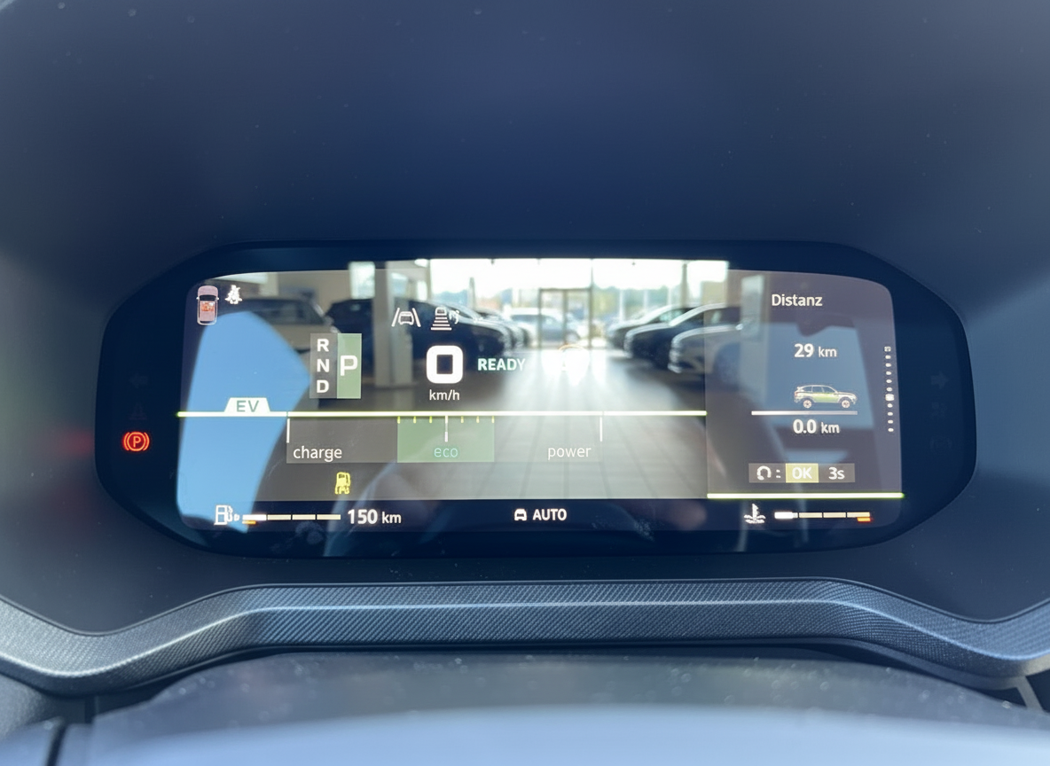 Digitales Kombiinstrument eines Hybrid-SUV mit EV-Anzeige, Reichweite 150 km und READY-Status