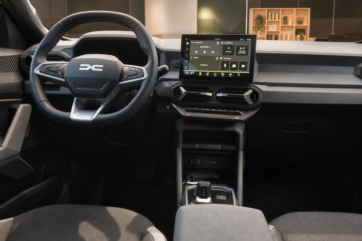 Dacia Innenraum Cockpit mit Lenkrad, Touchscreen-Infotainment und Mittelkonsole