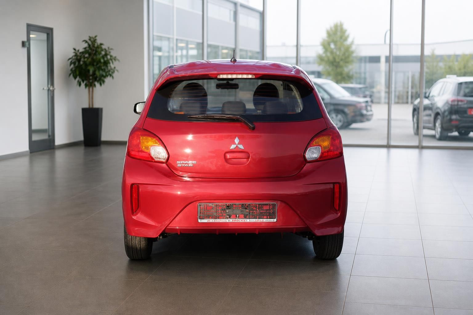 Roter Mitsubishi Space Star Heckansicht im Autohaus-Showroom