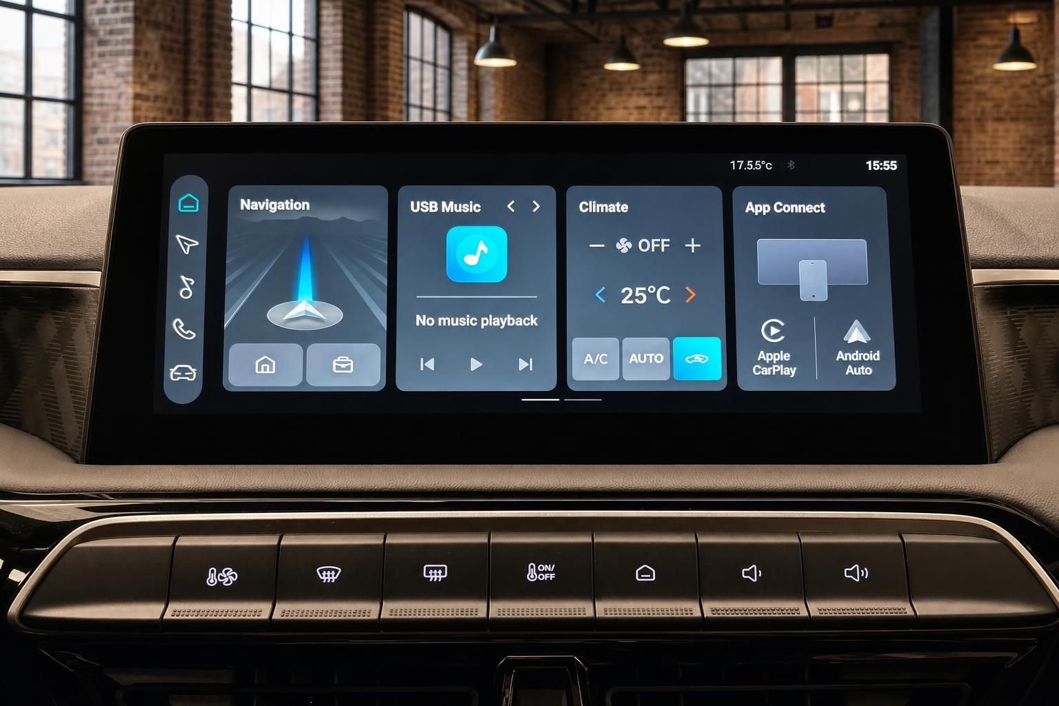 Touchscreen Infotainmentsystem mit Navigation, Klima und App Connect