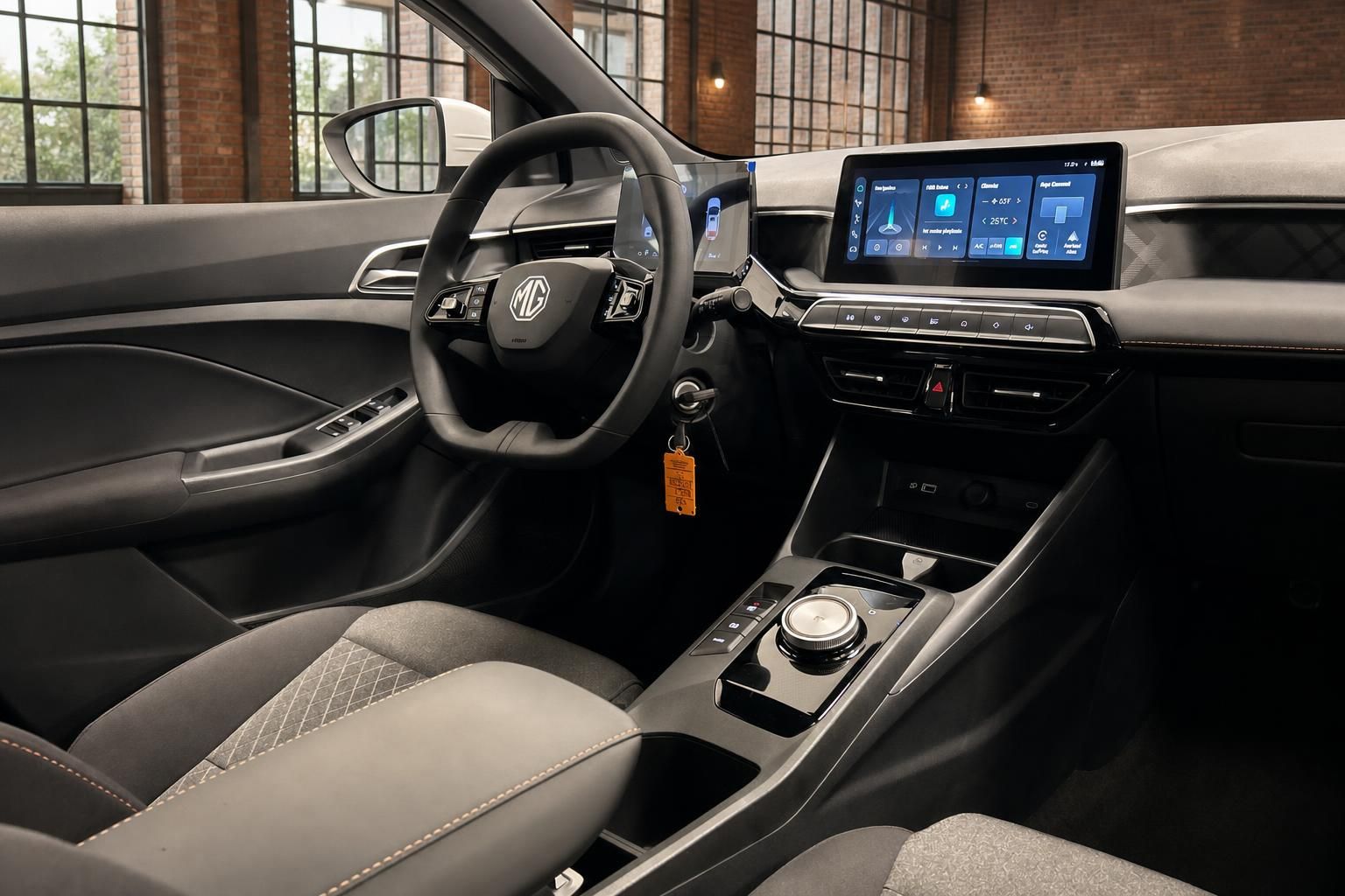 MG Cockpit mit Lenkrad, Touchscreen und Mittelkonsole