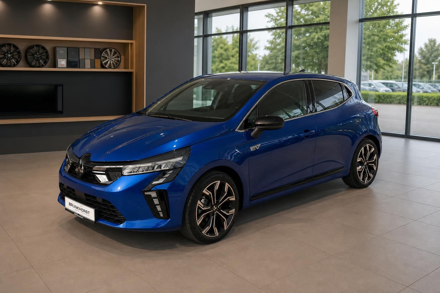 Mitsubishi Colt HEV Seitenansicht in blau - kompakter Hybrid im Autohaus Showroom