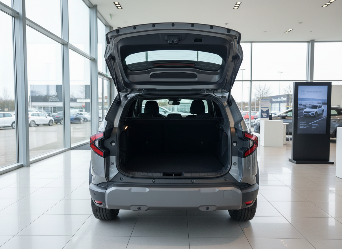 Grauer SUV mit geöffneter Heckklappe im Autohaus-Showroom, leerer Kofferraum