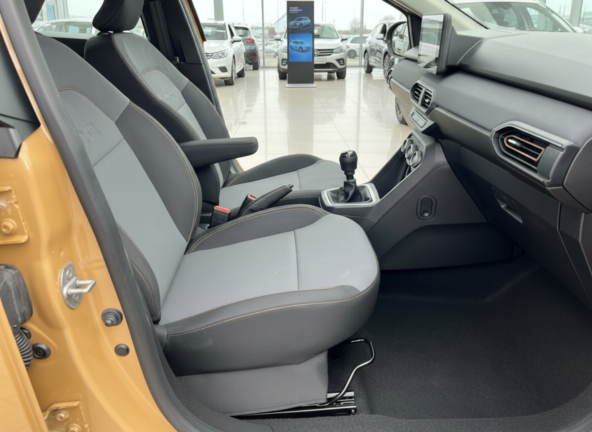 Innenraum eines gelben SUV mit grau-schwarzen Stoffsitzen und Schaltgetriebe im Autohaus