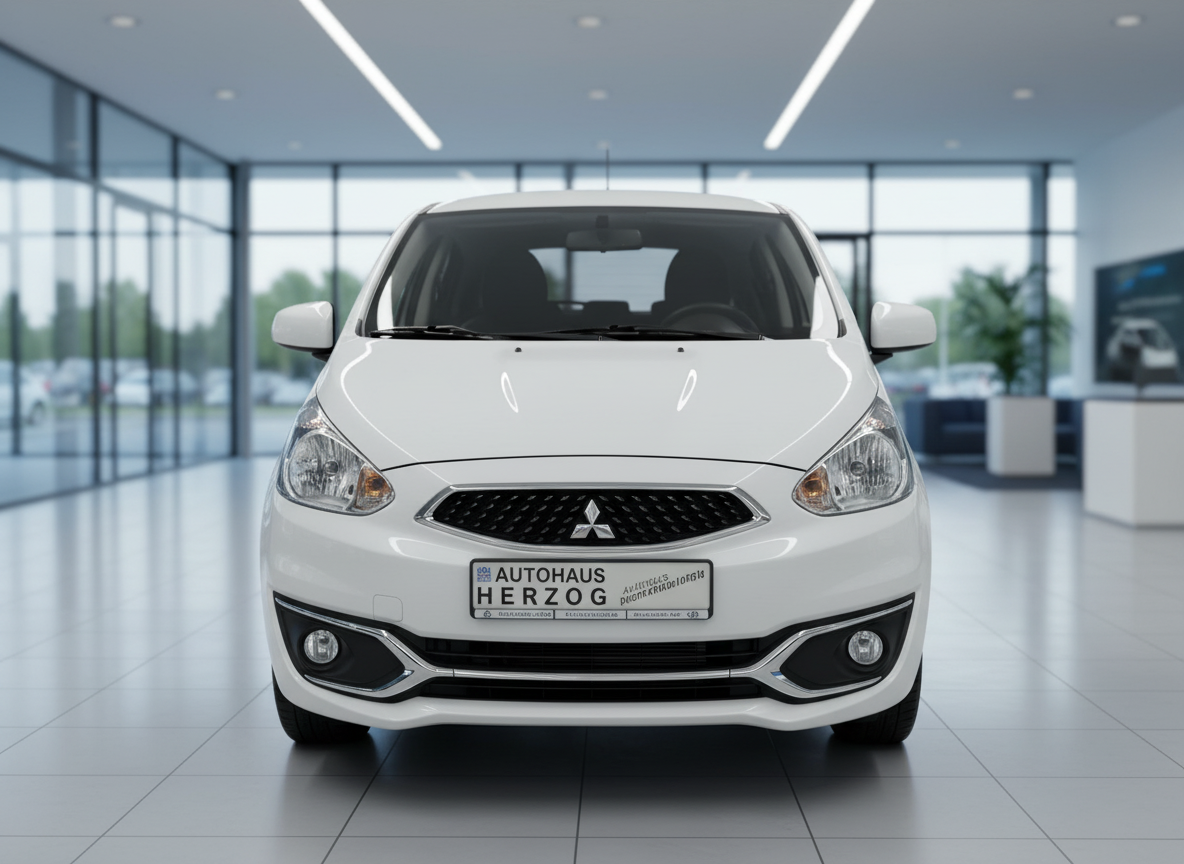 Weißer Mitsubishi Mirage Frontansicht im Autohaus Herzog Showroom