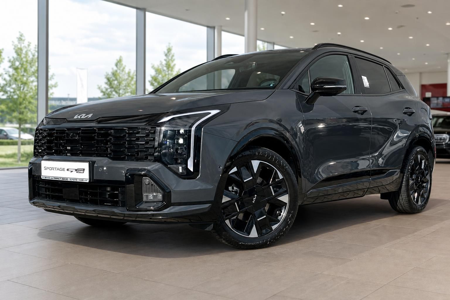 Kia Sportage GT-Line in Grau, Frontansicht im Showroom
