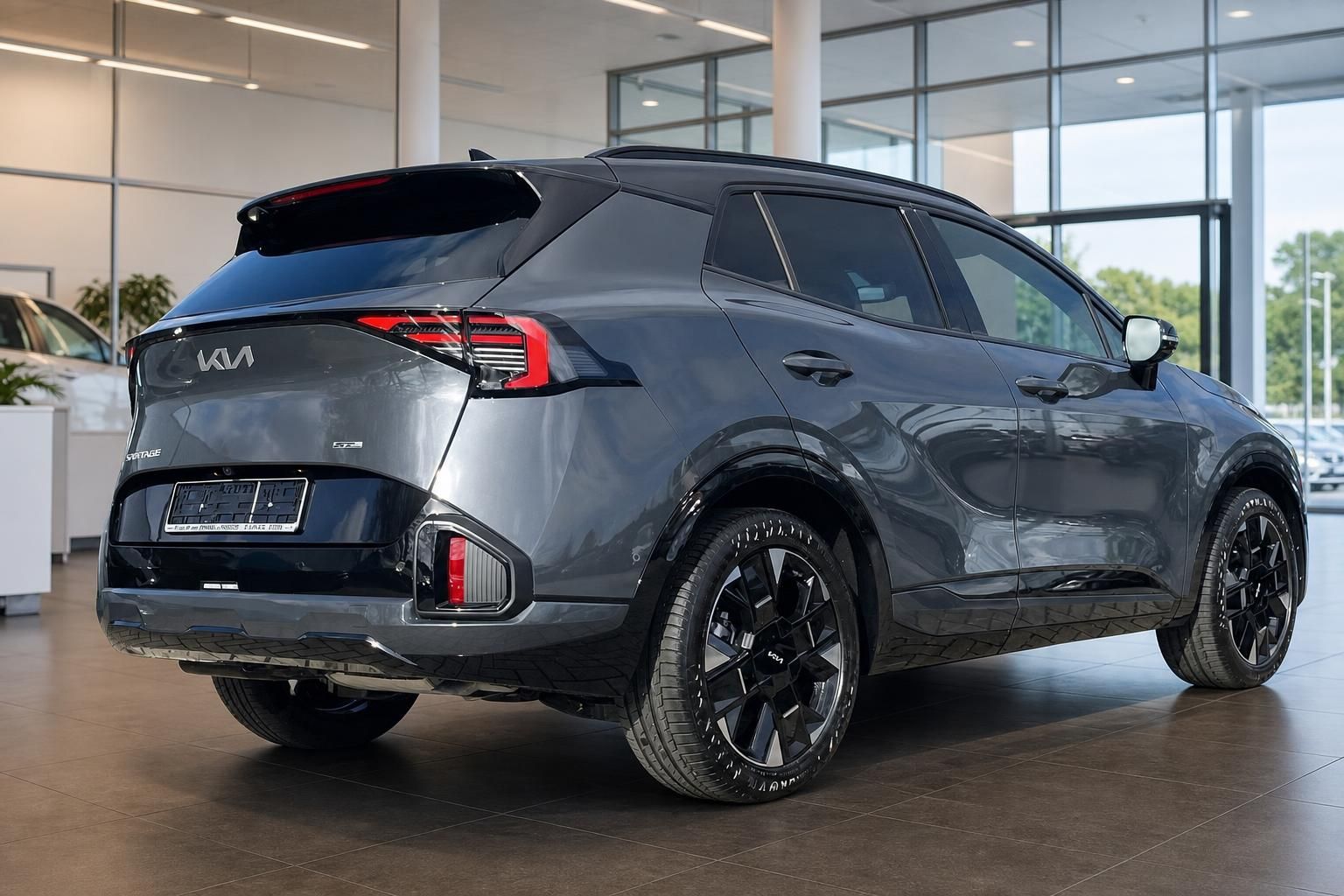 Kia Sportage GT-Line Heckansicht seitlich, graue Metallic-Lackierung