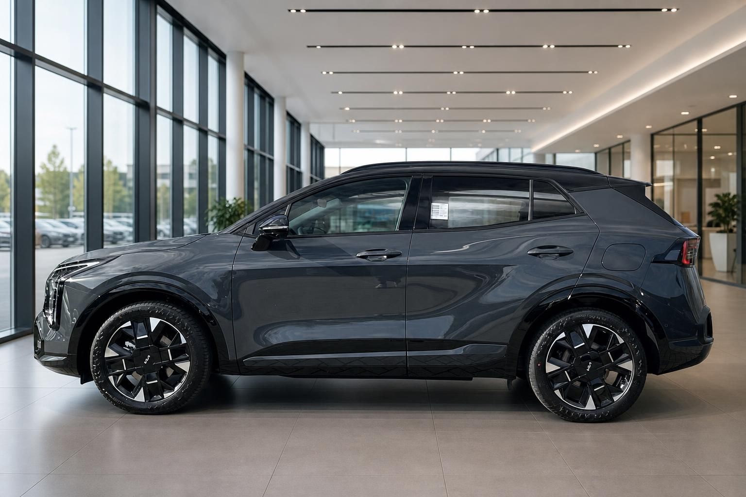 Kia Sportage GT-Line Seitenansicht in Grau, Autohaus-Showroom