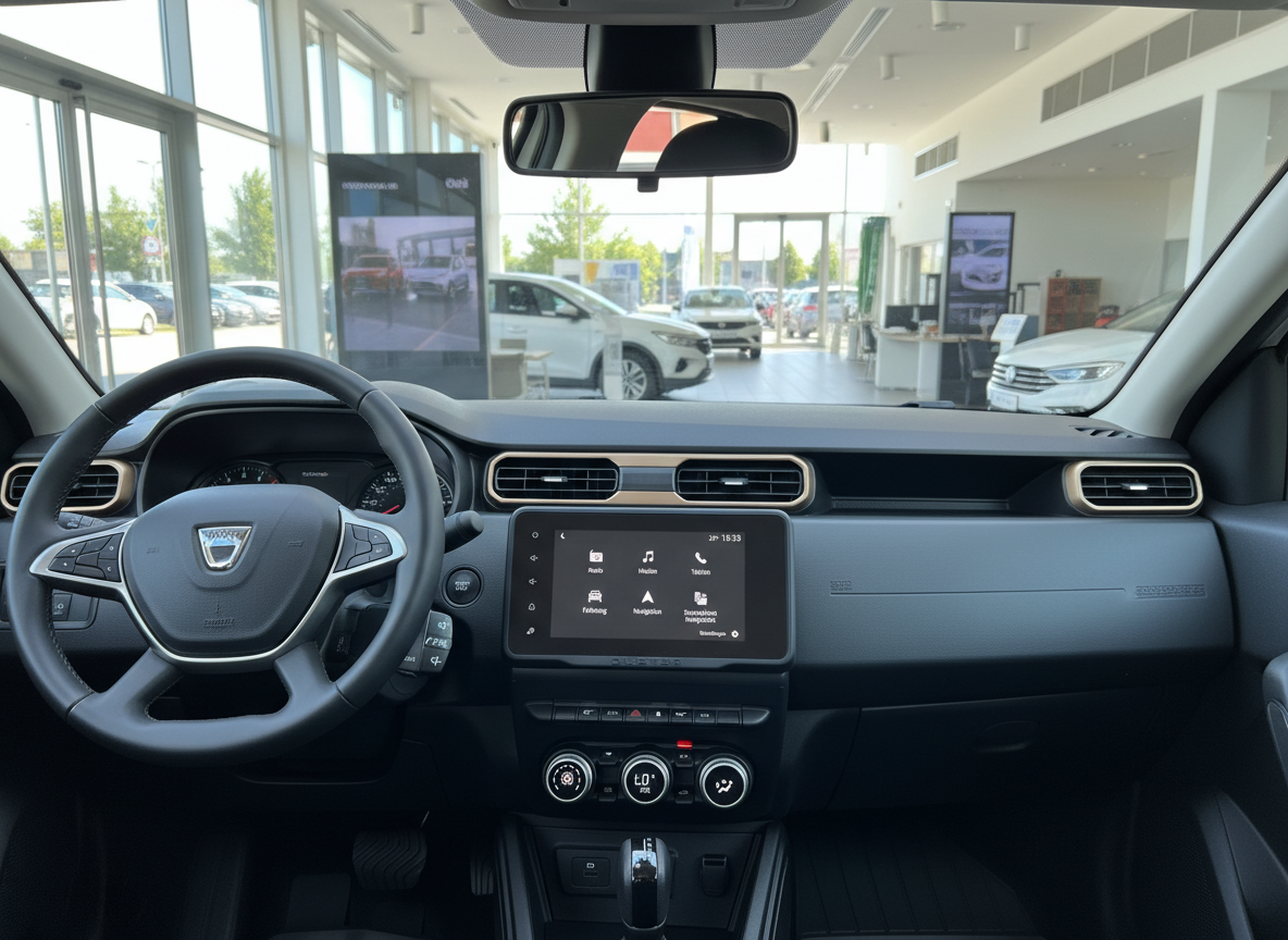 Dacia Duster Innenraum mit Touchscreen-Infotainment, Lenkrad und moderner Cockpit-Ausstattung im Autohaus