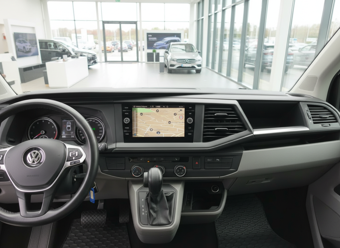 VW Transporter T6.1 Innenraum mit Navigationssystem und Automatikgetriebe im Autohaus