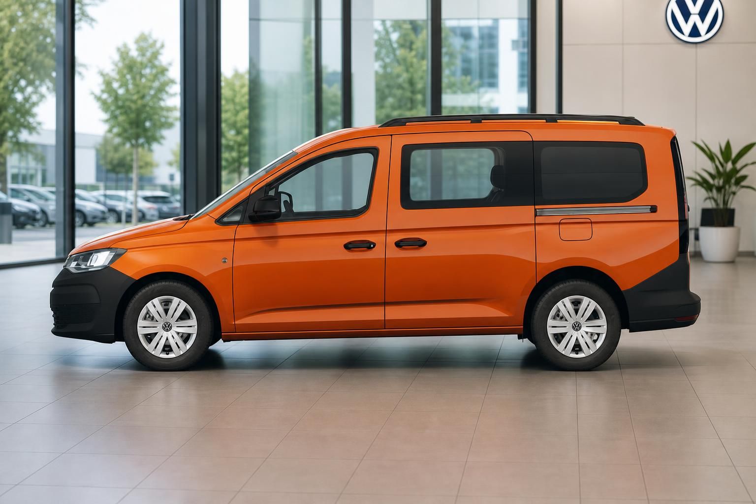 Orangefarbener VW Caddy Van, Seitenansicht im Showroom
