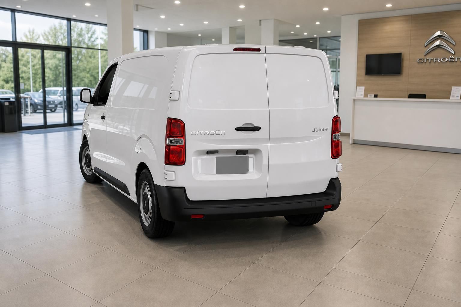 Citroën Jumpy weiß Heckansicht im Showroom des Autohauses