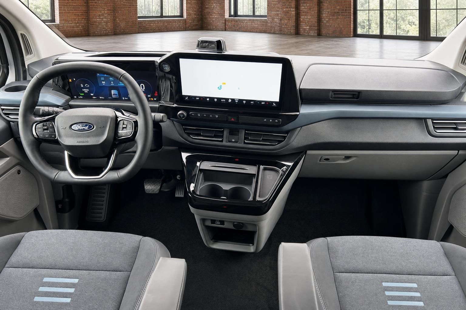 Ford Tourneo Custom Cockpit mit digitalem Kombiinstrument, großem Touchscreen und Lenkrad