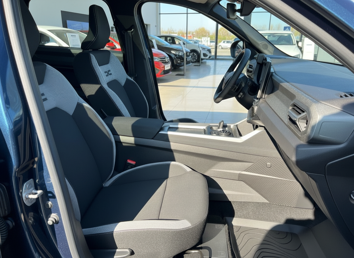 Dacia Innenraum mit grauen Sportsitzen, Mittelkonsole und Lenkrad im Autohaus