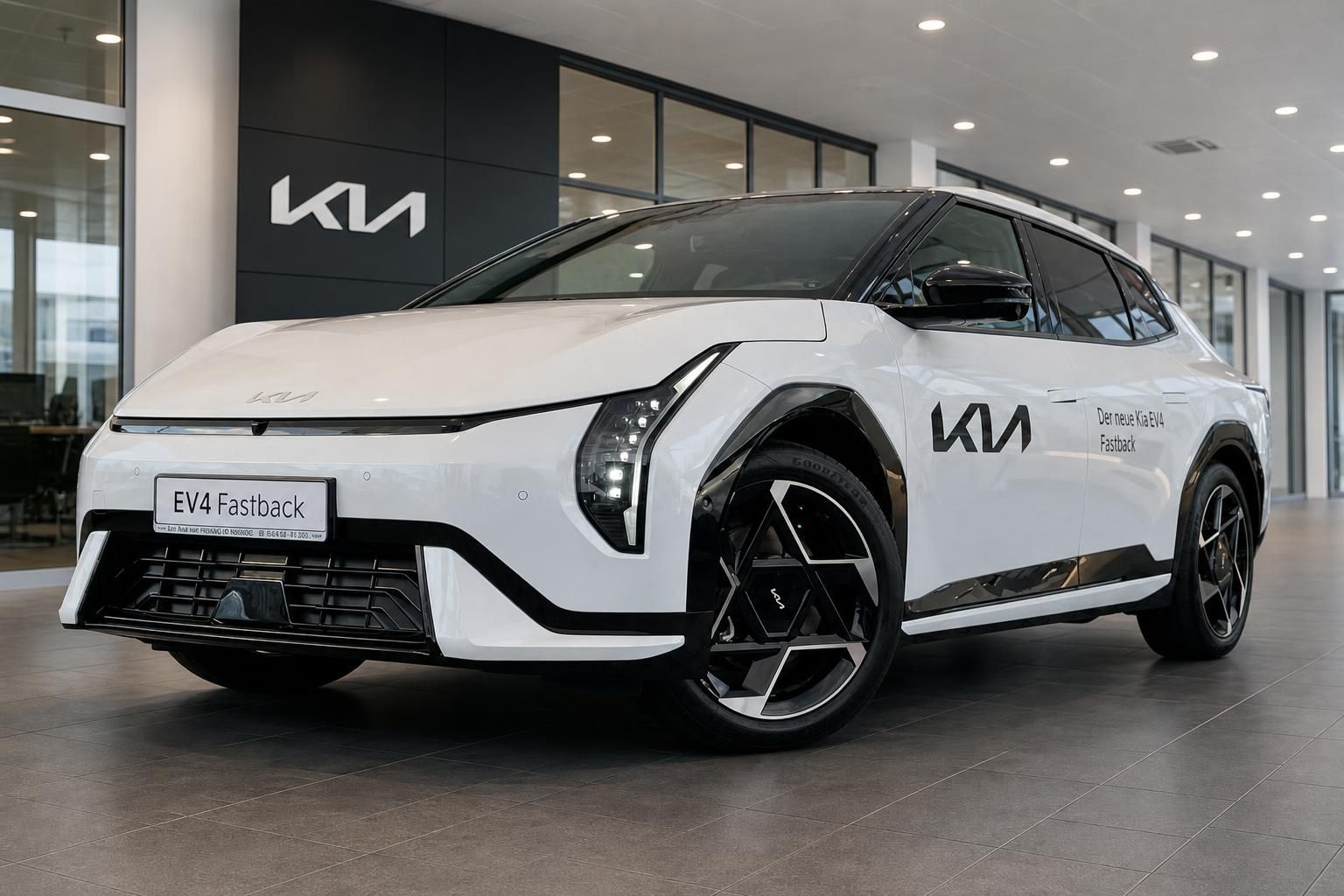 Kia EV4 Fastback weiß, Frontansicht im Autohaus Showroom