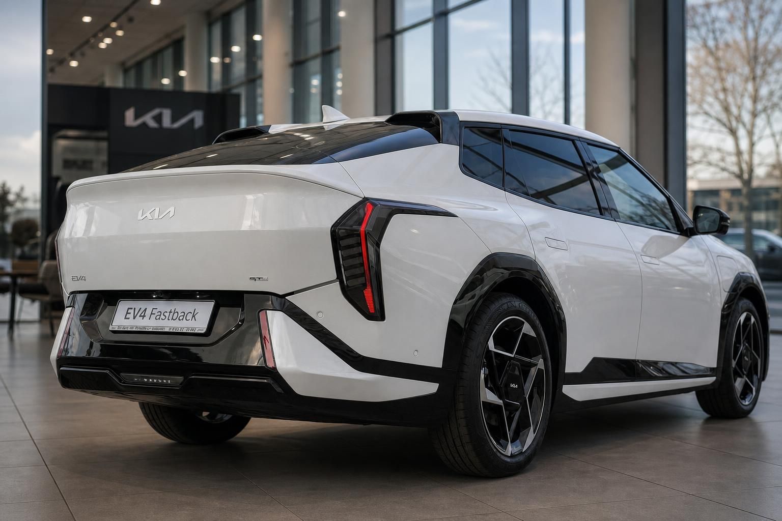 Kia EV4 Fastback weiß, Heck-Seitenansicht im Autohaus Showroom