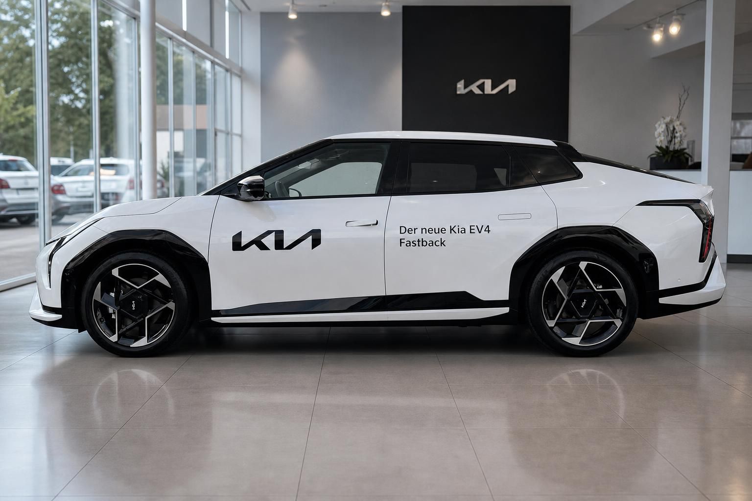 Kia EV4 Fastback weiß, Seitenansicht in der Ausstellung