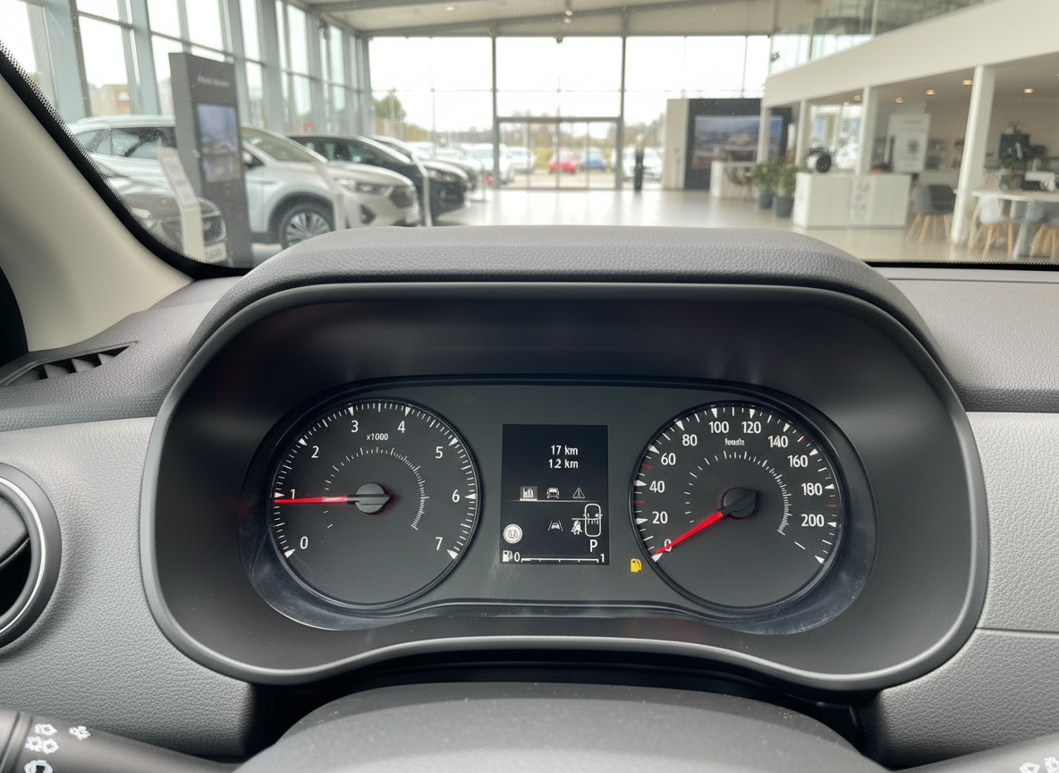 Fahrzeug-Instrumententafel mit Tachometer und Drehzahlmesser im Autohaus-Innenraum